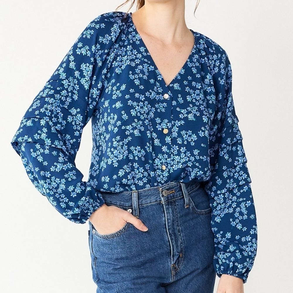 Draper James RSVP Floral Button Body Suit Ruffle Sleeve Boho Prairie‎ Medium